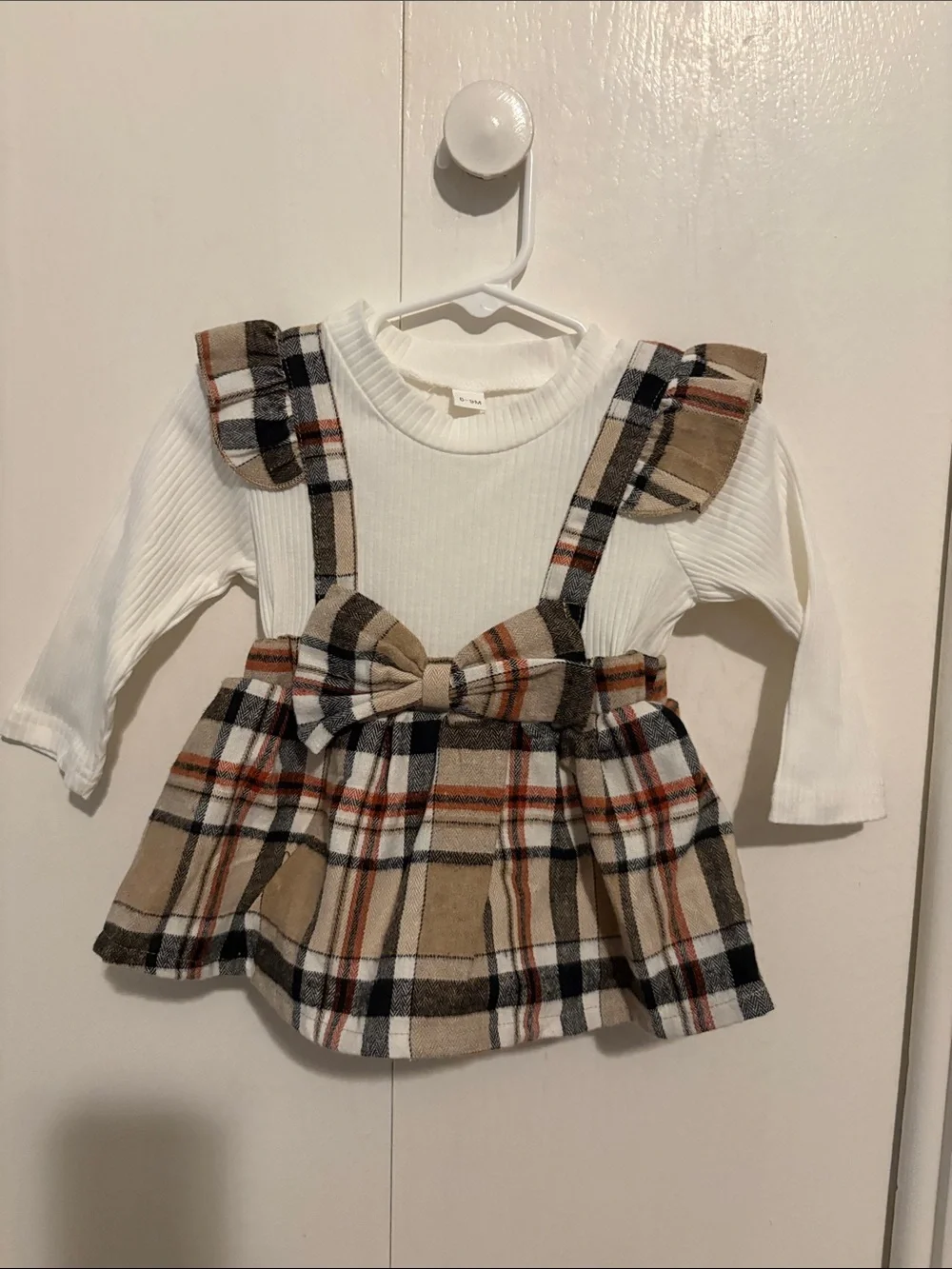Toddler Plaid Suspender Skirt with White Long-Sleeve Top